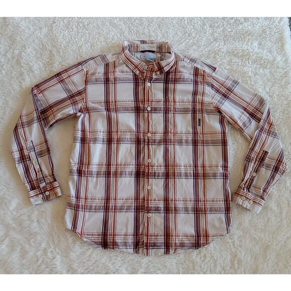 Columbia Button Down Shirt Brown White Orange Plaid Long Sleeve Mens XL - Picture 1 of 7